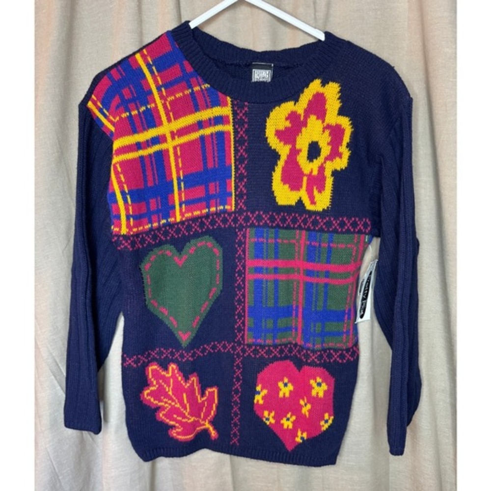 NOS Grandma Core Patchwork Sweater Size‎ L Heart Plaid Whimsy